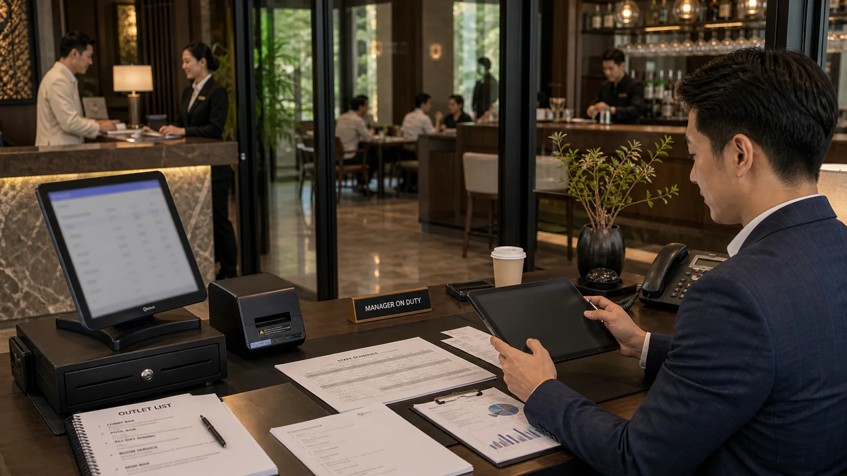 Hotel multi-outlet management dashboard across departments
